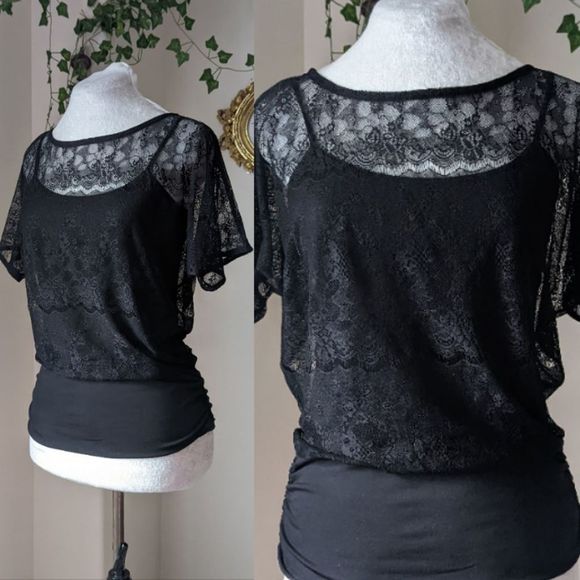 White House Black Market Tops - White House Black Market Black Sheer Lace Short Sleeve Blouse Sz XS